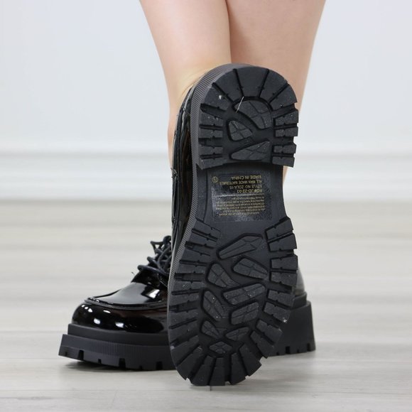 Chunky Penny Loafers Black Lug Sole Slip On Platform Patent Black Lace Up - Picture 14 of 14